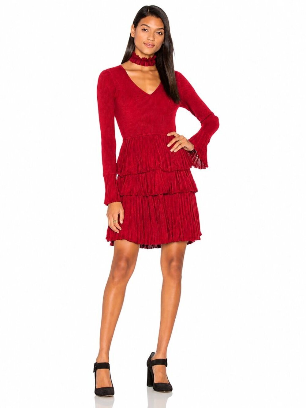 DVF DIANE VON FURSTENBERG Sharlynn Red Rib Knit Tiered PleatedDress, Size 2